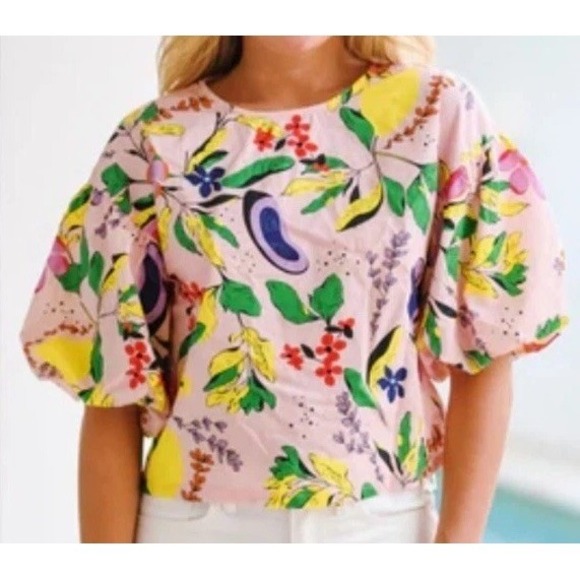 TCEC Tops - TCEC Arielle Colorful Fruit Lemon Floral Print Blouse Pink Tropical Top; Cotton